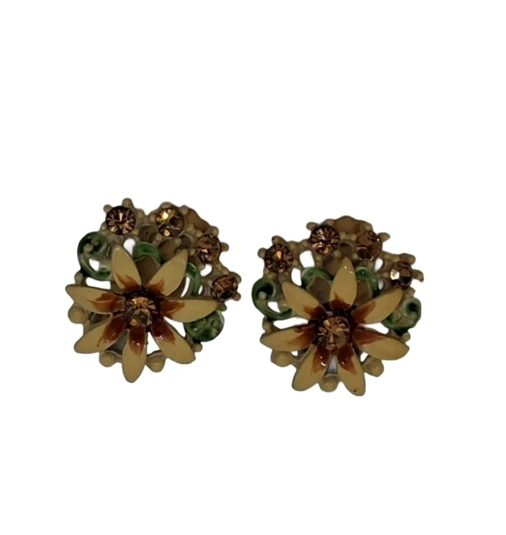Vintage Enamel Floral Brooch & Clip Earrings Set | Mid-Century Amber Rhinestone